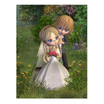 Cute Toon Wedding Couple in a Garden postcards