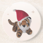 Cute Toy Tiger In Santa Hat On A Drinks Coaster
