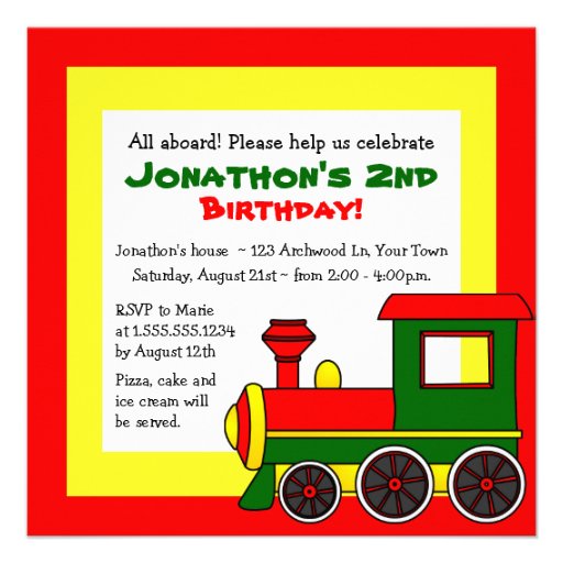 Cute Train Theme Kids Birthday - Red Green Yellow Invitations