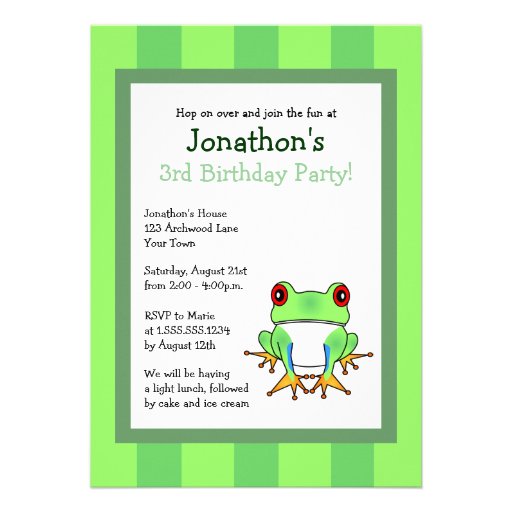 Cute Tree Frog w/ Stripes Birthday Invite 5x7