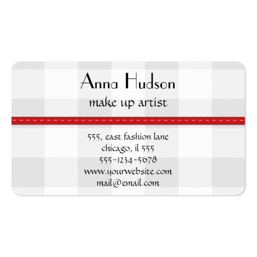 Cute Trendy Chic Gingham Pattern Gray White Red Business Card (back side)