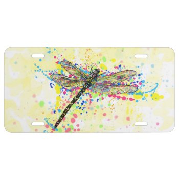 Cute trendy girly watercolor splatters dragonfly license plate