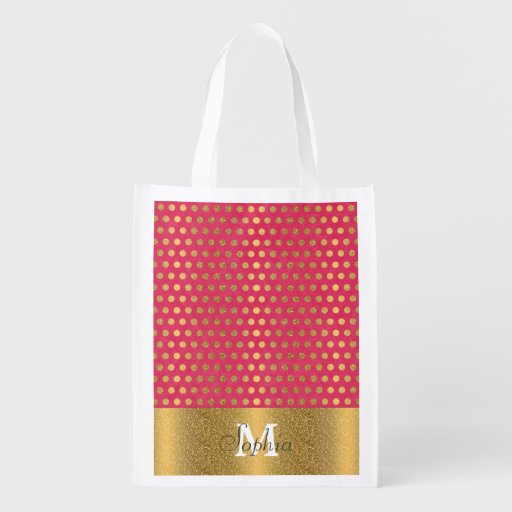 Cute trendy polka dots faux gold glitter pattern reusable grocery bag