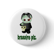 Cute Trick-or-Treating Zombie - "braaains plz" Pinback Button