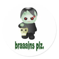 Cute Trick-or-Treating Zombie - "braaains plz" Round Sticker