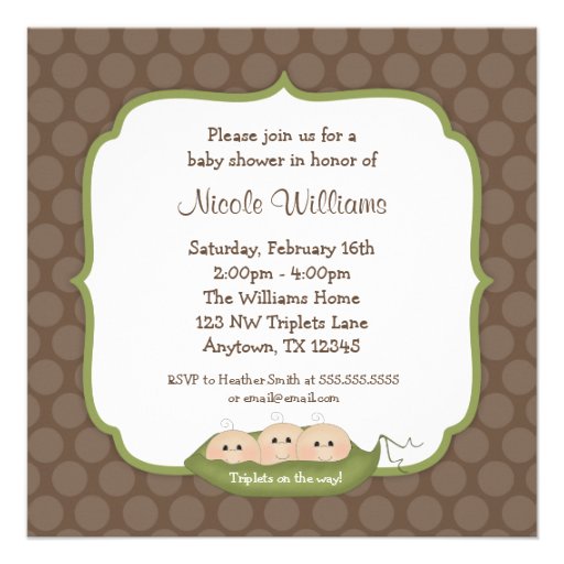 Cute Triplets Pea Pod Baby Shower Custom Announcements (front side)