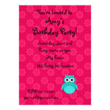 Cute Turquoise owl pink flowers Invitations