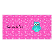 Cute turquoise owl pink hearts picture card