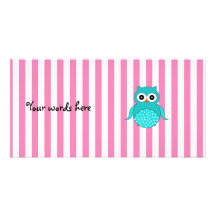 Cute turquoise owls pink white stripes custom photo card