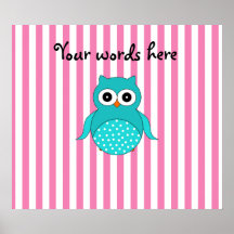 Cute turquoise owls pink white stripes poster