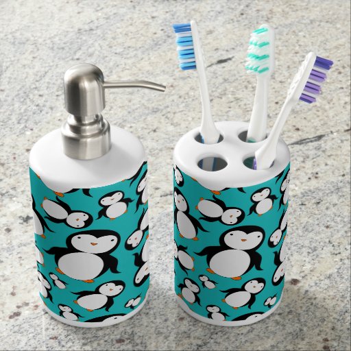 Cute Turquoise Penguin Pattern Bathroom Set Zazzle