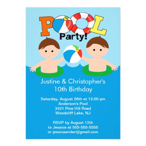 CUTE Twin Boys Pool Party Birthday Invitation (front side)