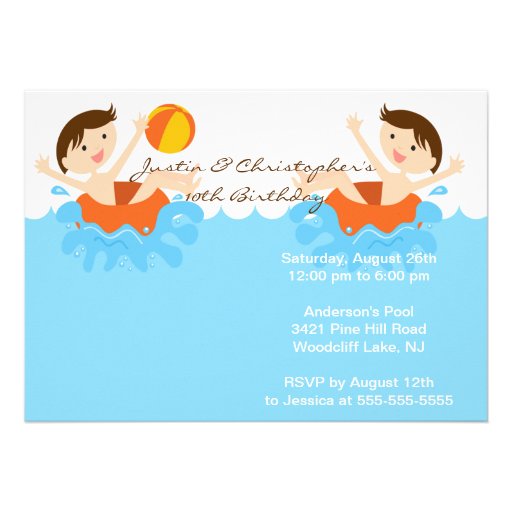 CUTE Twin Boys Pool Party Birthday Invitation