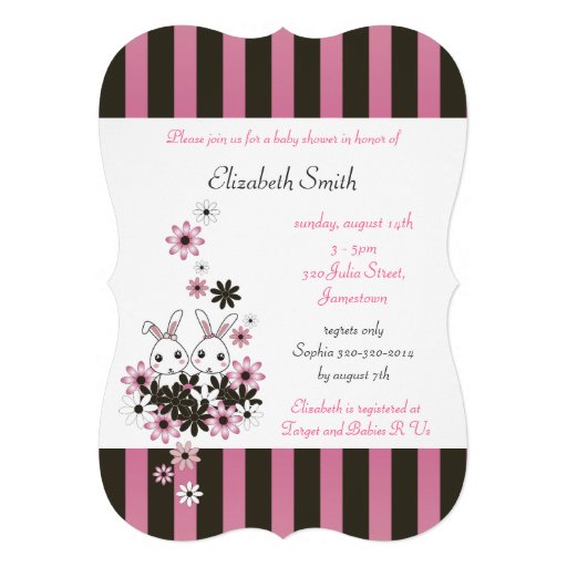 ... Twin Bunnies Pink & Black Girl Baby Shower Personalized Invitation