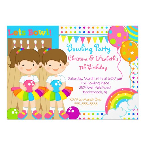 Cute Twin Girls Bowling Birthday Party Invitation