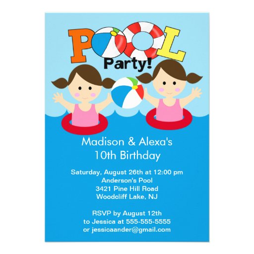 CUTE Twin Girls Pool Party Birthday Invitation