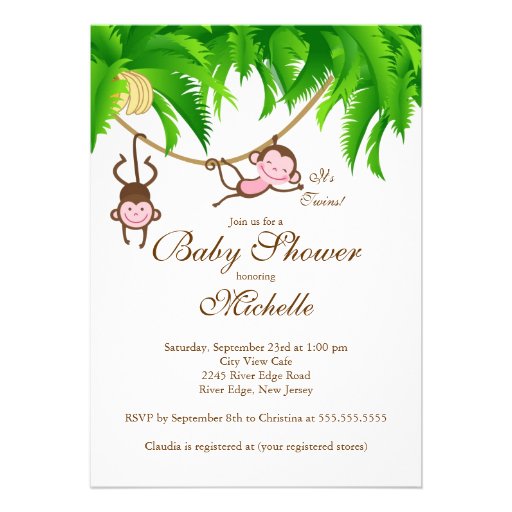 Cute Twins Little Monkey Baby Shower Invitation