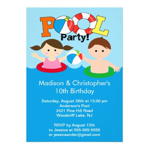 CUTE Twins Pool Party Birthday Invitation Girl Boy (front side)