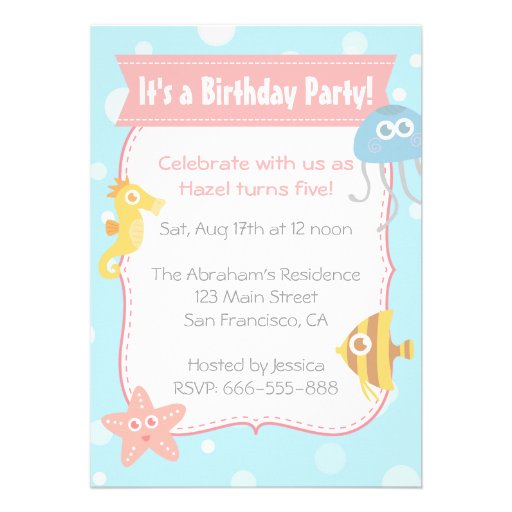 Cute Underwater Animals Birthday Party Custom Invitation