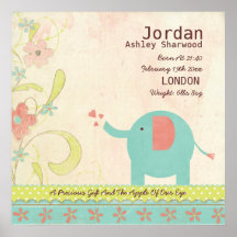 Cute Unisex Baby Birth Date Elephant Nursery Posters