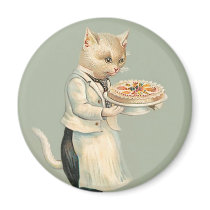 Cute Victorian White Cat with Dessert -  Vintage Fridge Magnet