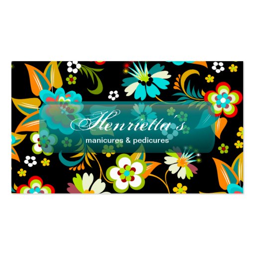 Cute Vintage Aqua on Black Floral Business Card (front side)