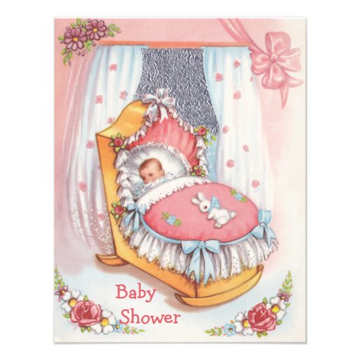 Cute Vintage Baby Girl in Crib Pink Baby Shower Custom Invitation