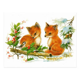 Cute Vintage Fox Christmas Scene Postcard