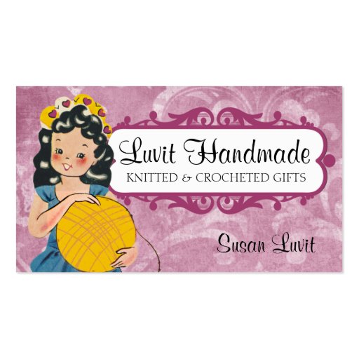 Cute vintage girl knitting crochet ball of yarn business card templates (front side)