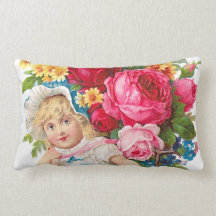 Cute Vintage Girl With Flowers Throw Pillows