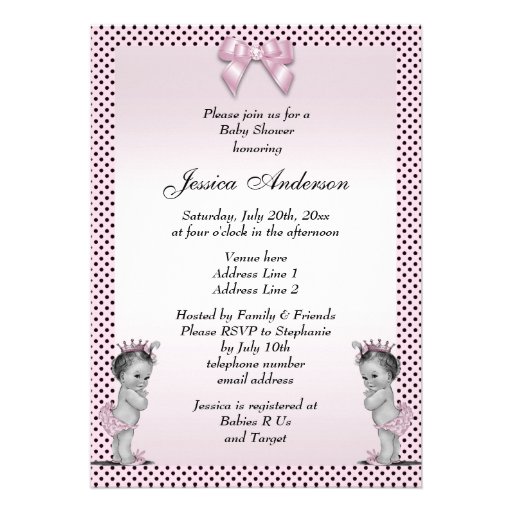 Cute Vintage Princess Twins Baby Shower Personalized Announcements