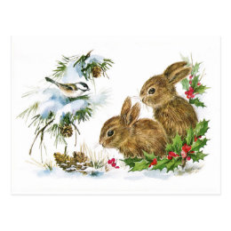 Cute Vintage Rabbits Christmas Scene Postcard