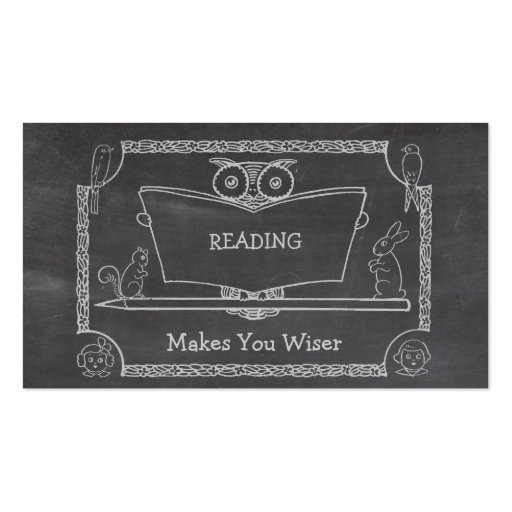 Cute Vintage Wise Owl Reading Chalkboard Business Cards (front side)