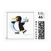 cute waiter penguin on skates postage