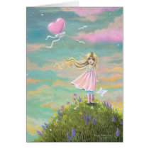 Cute Whimsical Art Girl with Heart Balloon cards