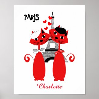 Cute Whimsical Cat Lovers Paris Themed Poster