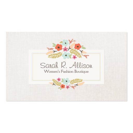 Cute Whimsical Flowers Fashion Boutique Linen Look Business Card (front side)