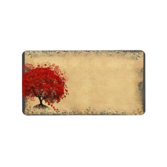 Cute Whimsical Heart Leafed Tree Red label