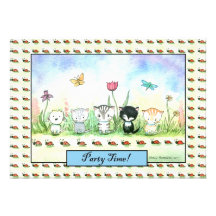 Cute Whimsical Kitty Puppy Ladybug Invitation