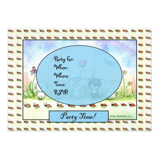 Cute Whimsical Kitty Puppy Ladybug Invitation