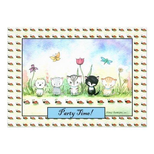 Cute Whimsical Kitty Puppy Ladybug Invitation (front side)