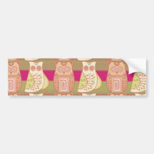 Cute Whimsical Owls Pattern Tan Pink Stripes Bumper Stickers