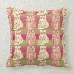Cute Whimsical Owls Pattern Tan Pink Stripes Throw Pillows