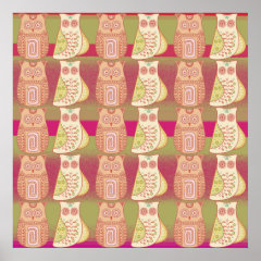 Cute Whimsical Owls Pattern Tan Pink Stripes Posters