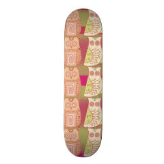 Cute Whimsical Owls Pattern Tan Pink Stripes Skate Board Deck