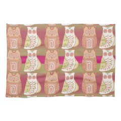 Cute Whimsical Owls Pattern Tan Pink Stripes Towel