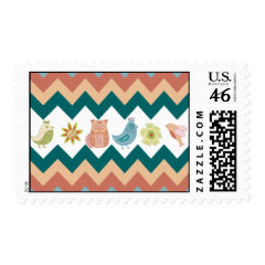 Cute Whimsical Spring Chevron Owls Flowers Birds Postage Stamp