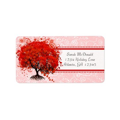 Cute Whimsical Swirl Heart Tree Red Pink Dots Custom Address Labels
