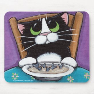Cute Whimsical Tuxedo Cat Eating Fish Tail Soup