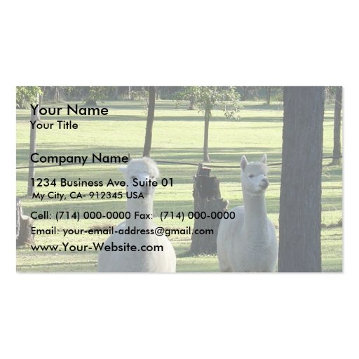 Cute White Alpaca Boys In Green Meadow Full Of Tre Business Card Template